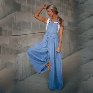 salopette femme en jean bleu large