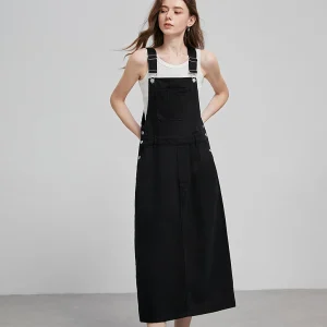 salopette robe longue noire en coton a bretelle