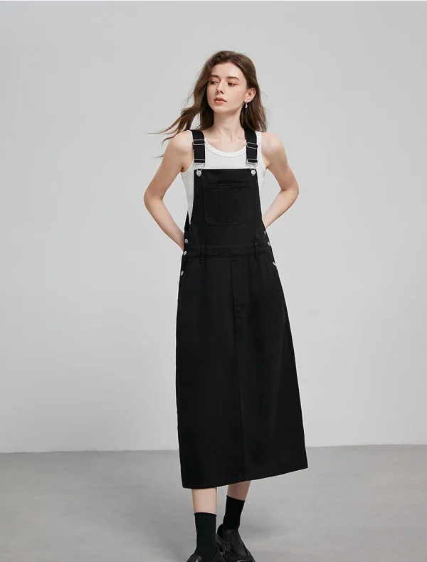 salopette robe longue noire en coton a bretelle