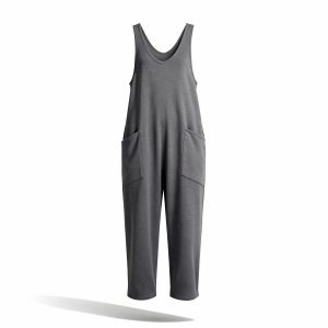 Salopette pour femme gris foncer en coton fluide large et baggy (serouel) a bretelle
