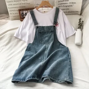 salopette jupe en jean bleu pour femme