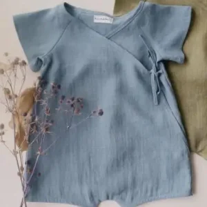 combinaison salopette bébé en lin bleu coton