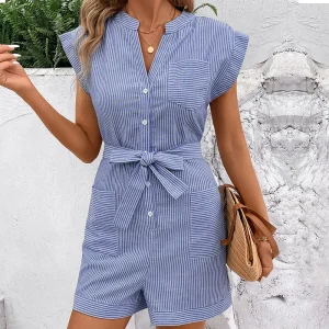 combinaison salopette short bleu fluide à rayures