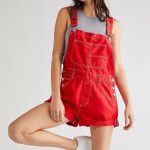 salopette short en jean rouge pour femme