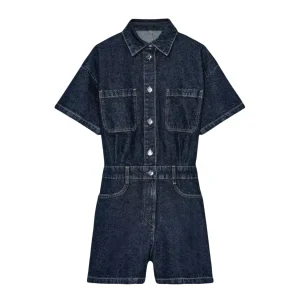 combinaison salopette short en jean bleu foncé pour femme