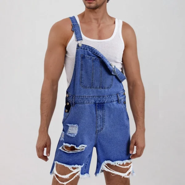salopette short en jean bleu foncé déchirée