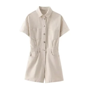 combinaison salopette short en jean beige rosé pour femme