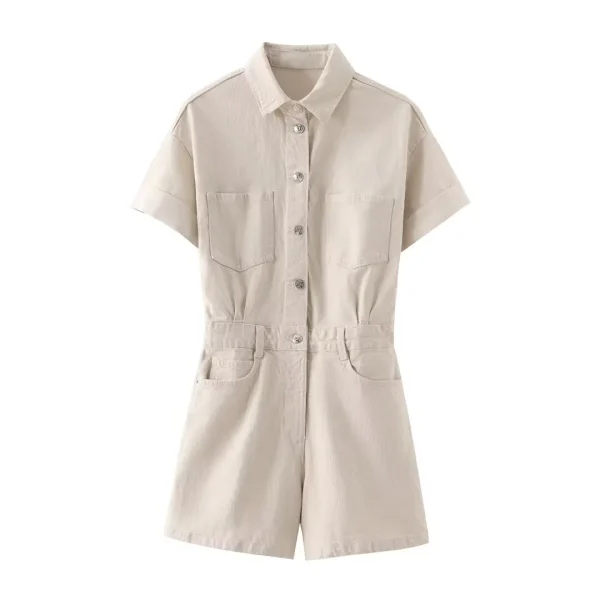 combinaison salopette short en jean beige rosé pour femme