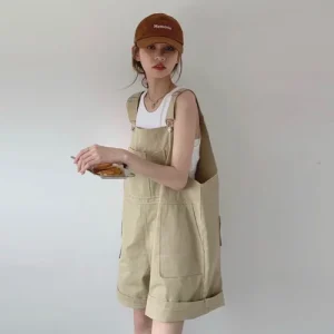 salopette short beige large oversize en jean denim pour femme