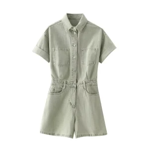 combinaison salopette short en jean vert clair kaki pour femme