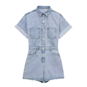 combinaison salopette short en jean bleu claire pour femme
