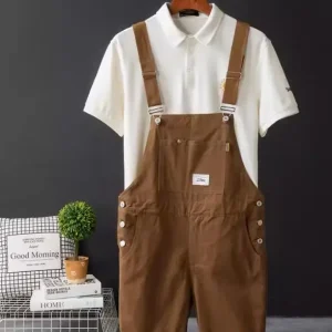 salopette short homme marron en coton à bretelle