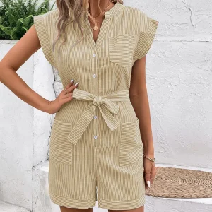 combinaison salopette short beige fluide à rayures marron